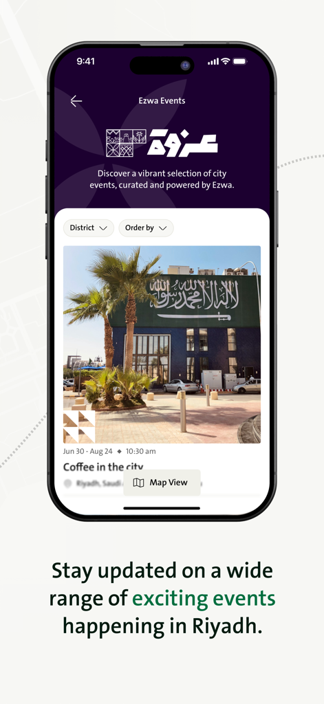 Mobile app screen showing Ezwa events in Riyadh including a coffee in the city event listing