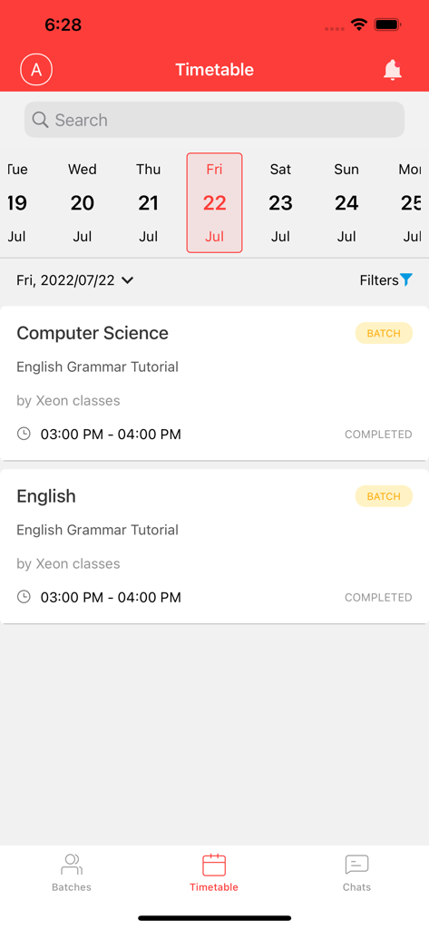MyInstitute mobile app interface showing a class timetable with completed batch sessions for Computer Science and English
