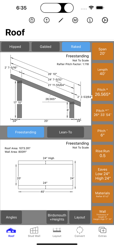 상세 측정값 및 구배 계산이 포함된 경사 지붕 골조 도면을 표시하는 RoofCalc 앱