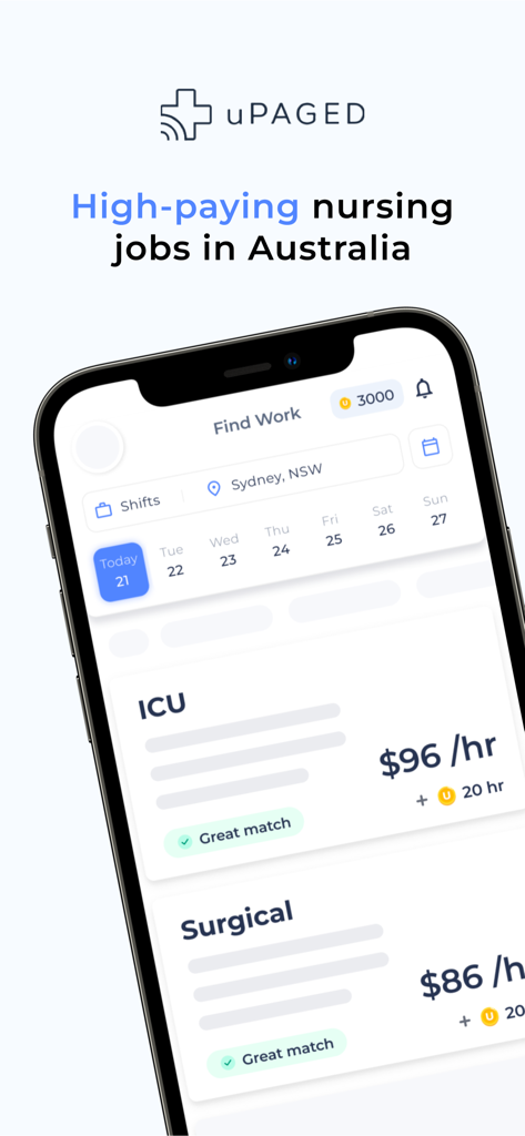 uPaged - uPaged mobile app interface showing high-paying nursing shifts in Sydney Australia including ICU and surgical roles
