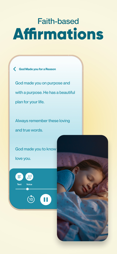 Theo: Prayer & Meditation - Una pantalla móvil que muestra afirmaciones basadas en la fe para niños de la aplicación Theo junto a un niño durmiendo plácidamente.