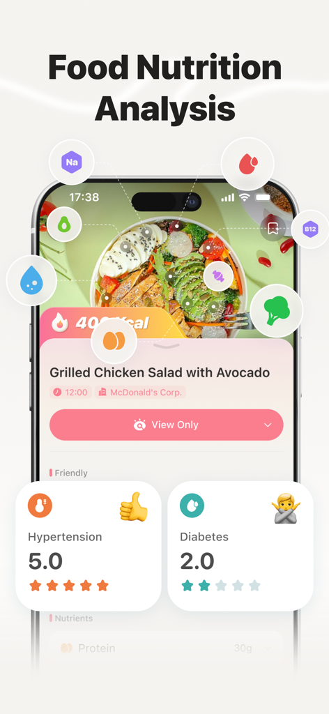 Interfaz de la aplicación Health Scan que muestra análisis de nutrición de alimentos con IA para una ensalada de pollo a la parrilla con calificaciones de idoneidad específicas para hipertensión y diabetes.