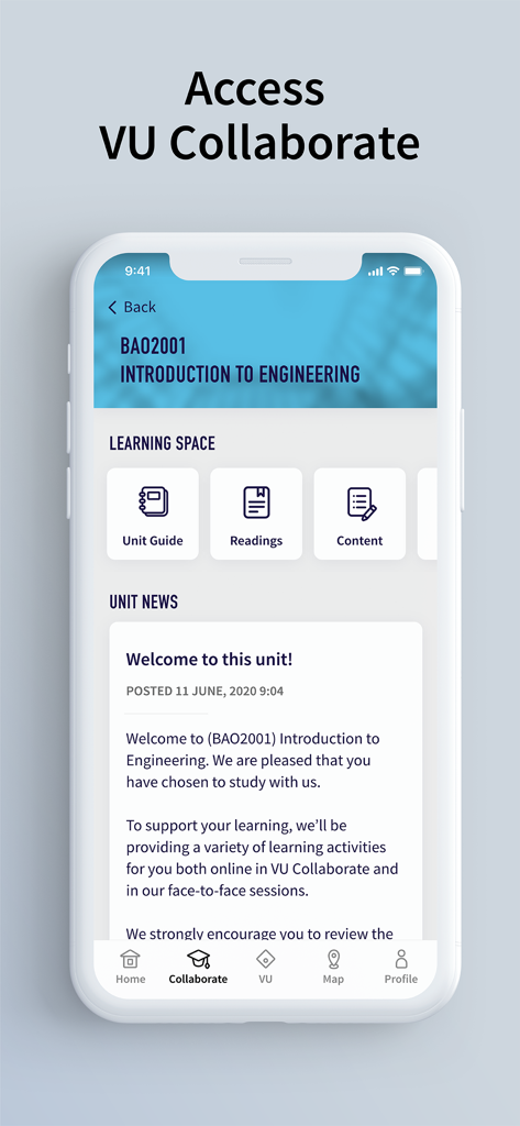 Victoria University App interface showing the VU Collaborate learning space for an engineering course unit