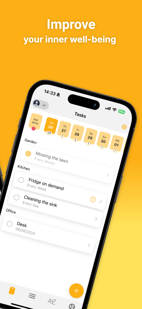 Sweepster app screenshot showing household chores organized by room and a daily task calendar