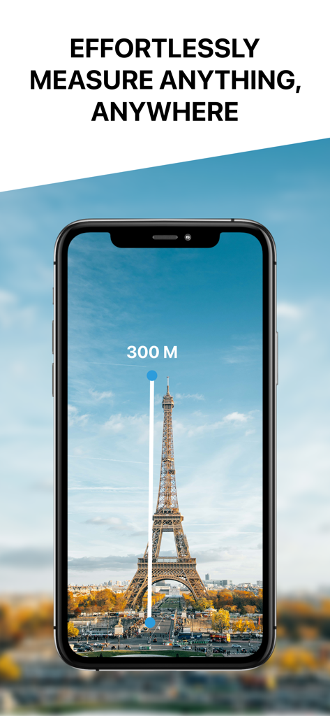 Measure Height With Camera App - AR app measuring the height of the Eiffel Tower on an iPhone screen
