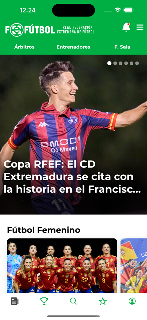 Pantalla de inicio de la aplicación FEXFUTBOL que muestra noticias de fútbol regional español y equipos de fútbol femenino