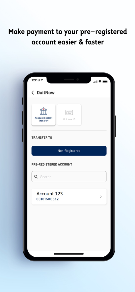 Alliance BizSmart Mobile DuitNow transfer screen for registered accounts