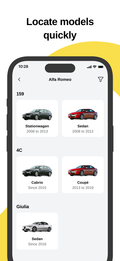 ANCAP RESCUE - ANCAP RESCUE app interface showing vehicle model selection for Alfa Romeo cars