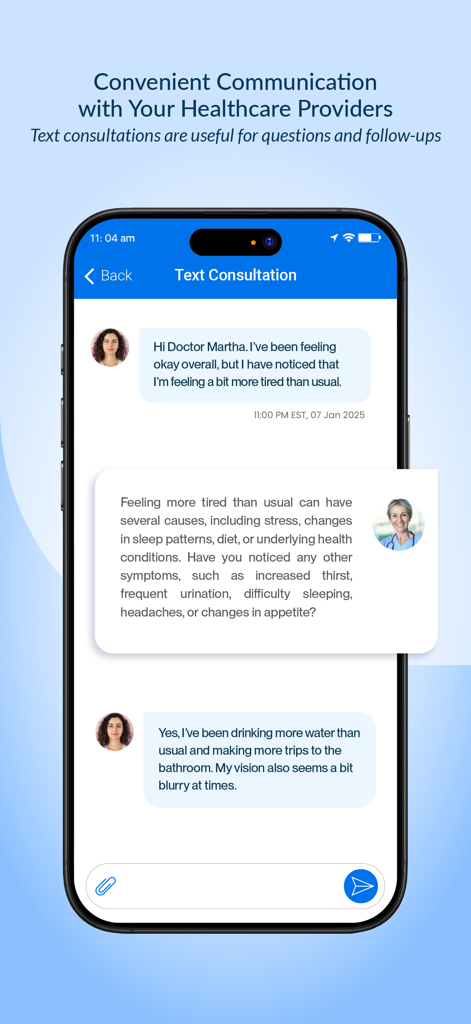 ContinuousCare Health App - A text consultation screen between a patient and a physician in the ContinuousCare Health App