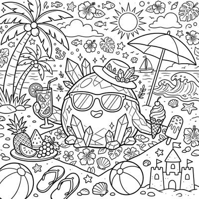 Get ready for a sparkling summer adventure with this unique Crystal Slime coloring page! Our cool, gem-studded friend is enjoying a vibrant beach day, complete with refreshing treats and ocean breezes, waiting for your creative touch.