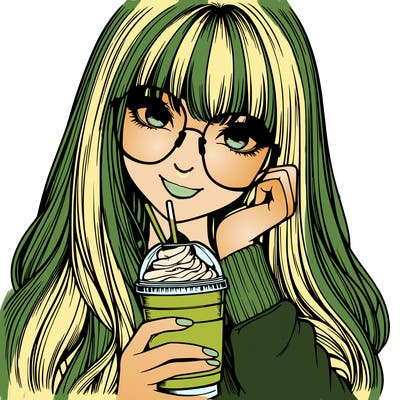 realistic girl with long bangs hair and glasses holding a macchiato