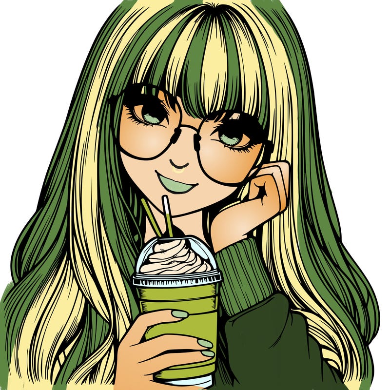 realistic girl with long bangs hair and glasses holding a macchiato
