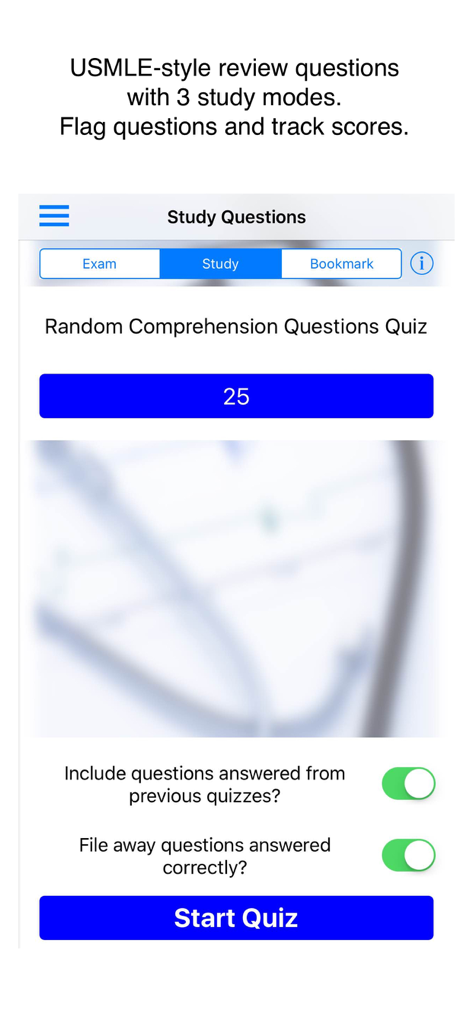 Case Files Pediatrics, 6e - Case Files Pediatrics app quiz setup screen showing USMLE style study modes and exam options