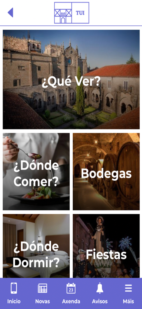 Tui - Menu principale dell'app mobile Tui che mostra categorie per visite turistiche, ristorazione, enoteche e alloggi