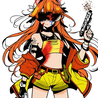 bad girl wearing crop top holding a gun long hair anime
