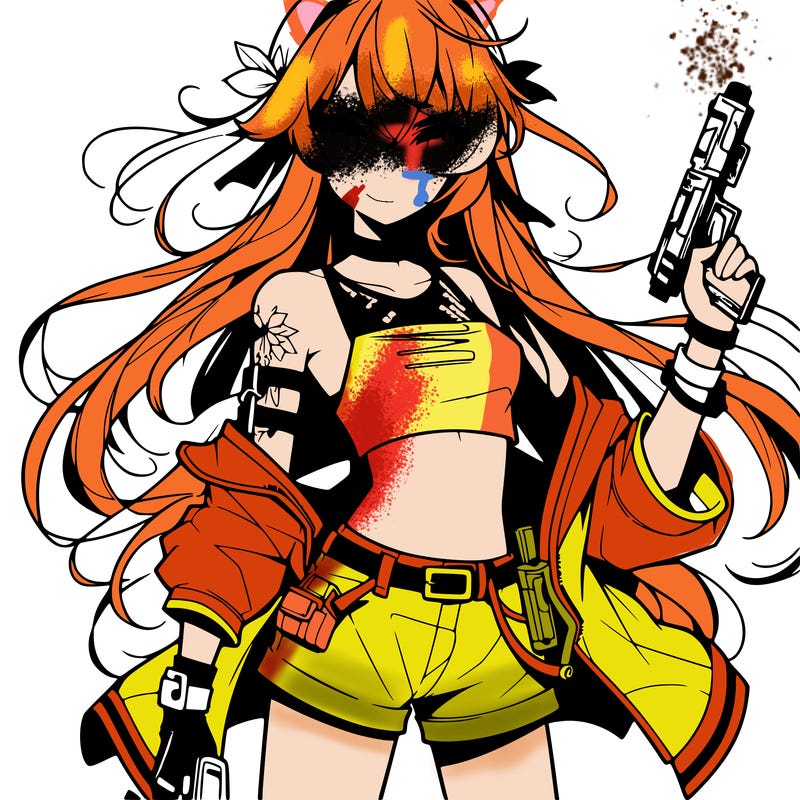 bad girl wearing crop top holding a gun long hair anime