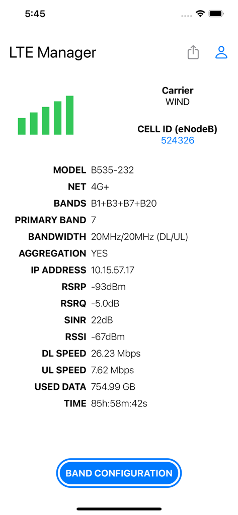 Screenshot of the LTE Manager app dashboard showing detailed network signal metrics and router configuration data