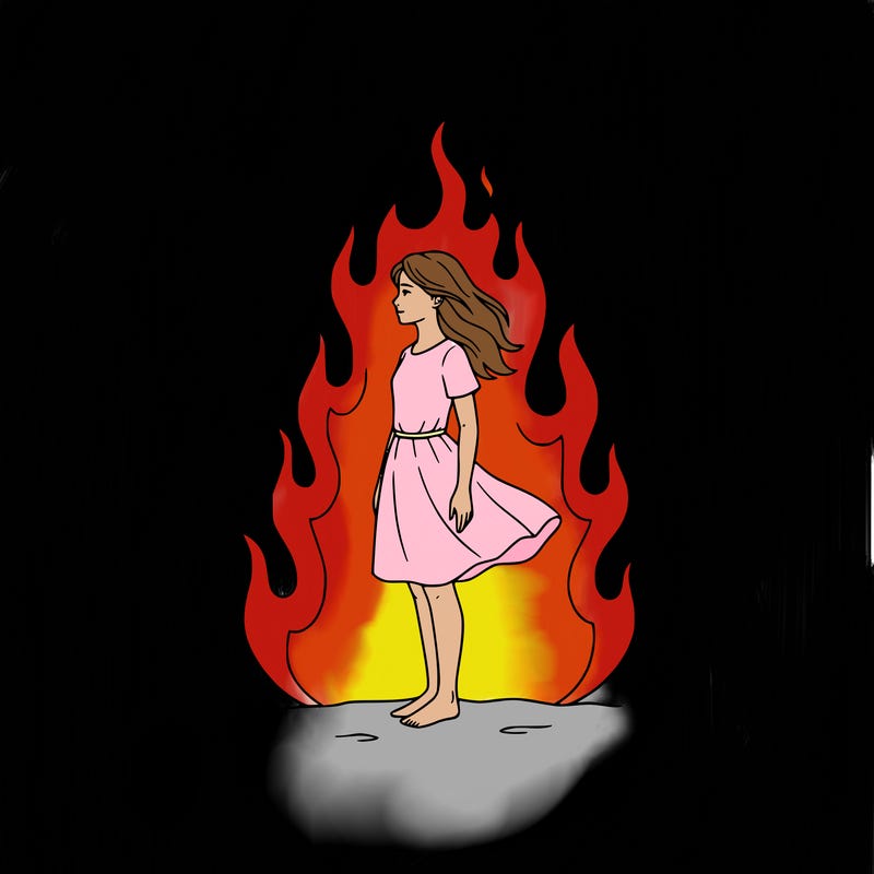 there is a fire but it's not so big but it's big but not too much and there is a girl standing in the middle