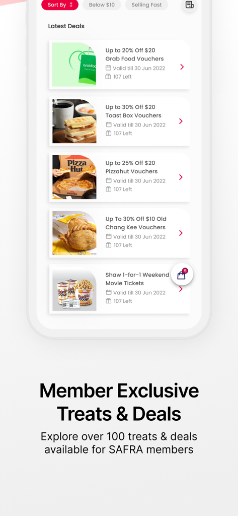 Mobile app screen showing SAFRA member exclusive treats and deals with discount vouchers for various food and entertainment brands