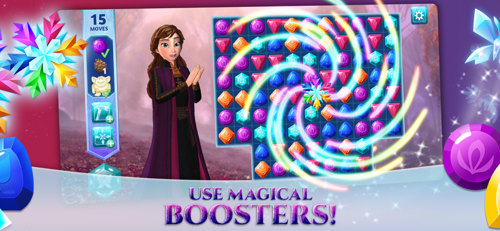 Disney Frozen Adventures - Anna steht neben einem Kombiniere-3-Spielfeld mit einem bunten magischen Booster-Effekt in Disney Frozen Adventures