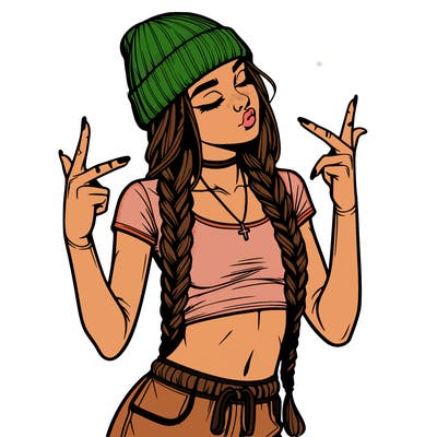 realistic teenage girl with braids and a beanie and crop top doing 🫶🏼