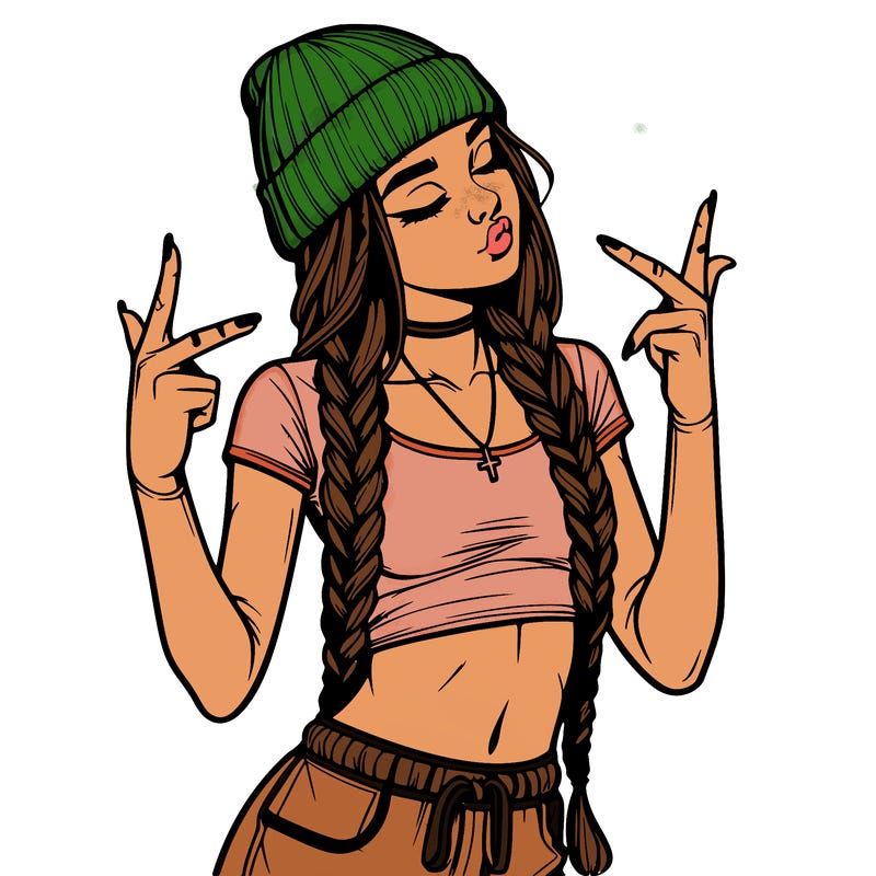 realistic teenage girl with braids and a beanie and crop top doing 🫶🏼