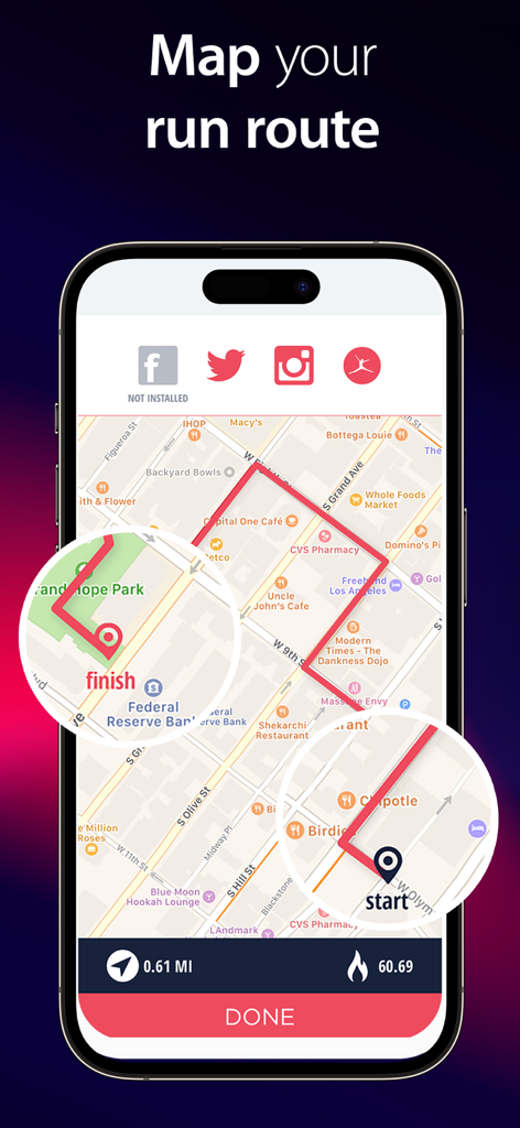 C25K app screenshot showing a mapped running route with start and finish markers plus distance and calorie tracking stats.