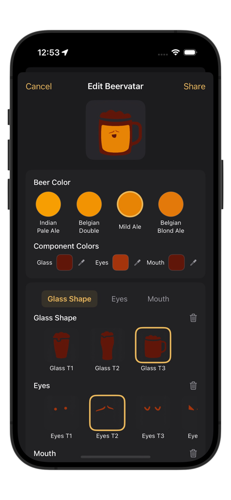 Tap Map App - Interface de personnalisation d'un avatar de personnage de bière avec différentes couleurs et formes de verre