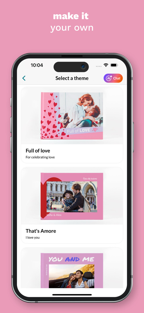 PhotoSi: Photobooks and prints - Tela do smartphone mostrando vários temas românticos de álbuns de fotos no aplicativo PhotoSì