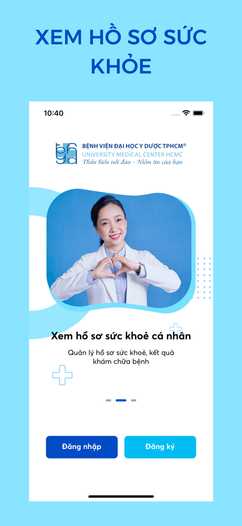 UMC Care app welcome screen for managing personal health records featuring a female doctor making a heart gesture