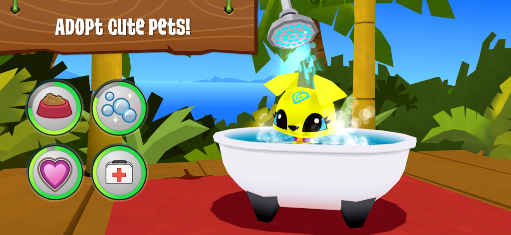 Animal Jam - A yellow animal pet character taking a bath in a white tub with care icons on screen