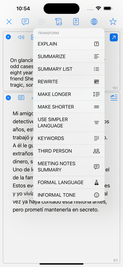 AI assistant menu with options to summarize rewrite and explain text in an ebook reader app