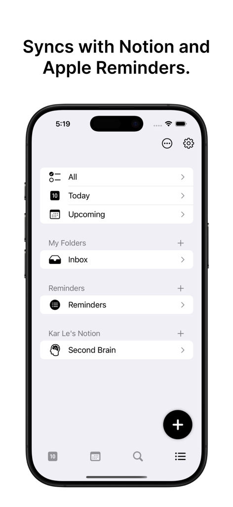 SyncTasks - Minimalist dashboard of SyncTasks app showing task folders and sync integration with Notion and Apple Reminders