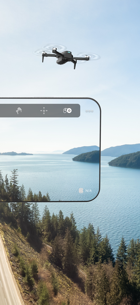 AMETA Drone - A drone flying above a scenic lake with a smartphone displaying the live camera feed and flight controls