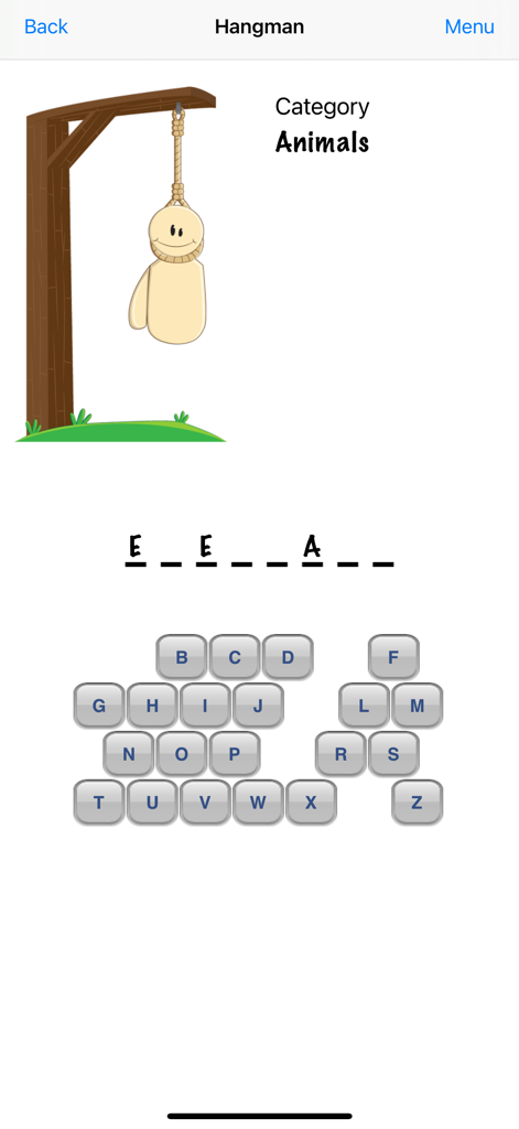 Hangman - The Best Game - Gameplay screen of Hangman The Best Game showing a word puzzle in the Animals category.