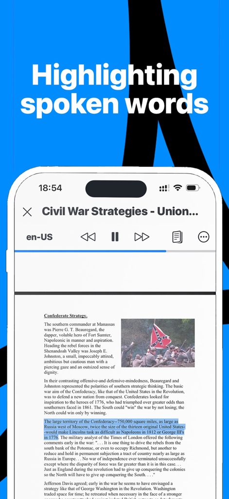 PDF Voice Reader - Docs Aloud - Aplicativo Leitor de Voz PDF mostrando um documento em um iPhone com destaque azul no texto que está sendo lido em voz alta.