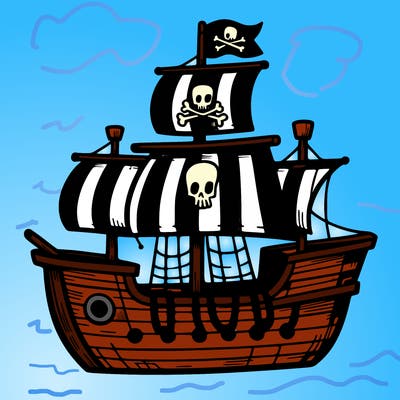 pirate ship – a small pirate ship with sails and a flag.