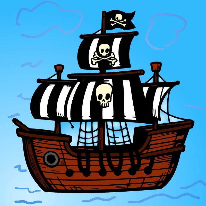 pirate ship – a small pirate ship with sails and a flag.