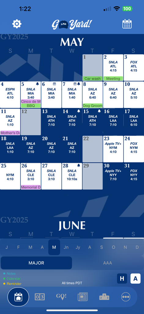 Monthly baseball game schedule calendar for the Los Angeles Dodgers in the Go Yard app