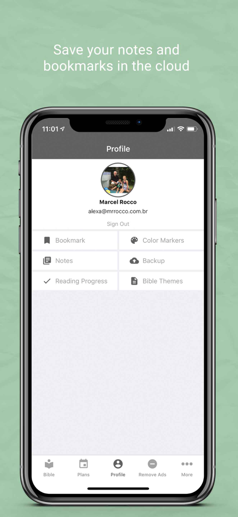 Luther's Bible - Profile screen of the Luther Bible app showing cloud backup and study features.