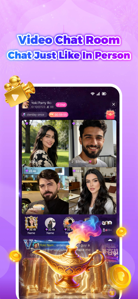 Yoki 앱의 그룹 영상 채팅방 인터페이스, 디지털 보상과 상호 작용하는 네 명의 사용자 표시