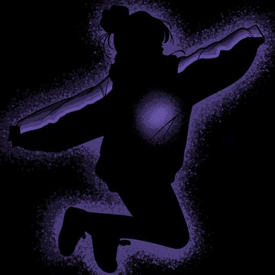 realistic girl jumping with a bun and oversized sweatshirt