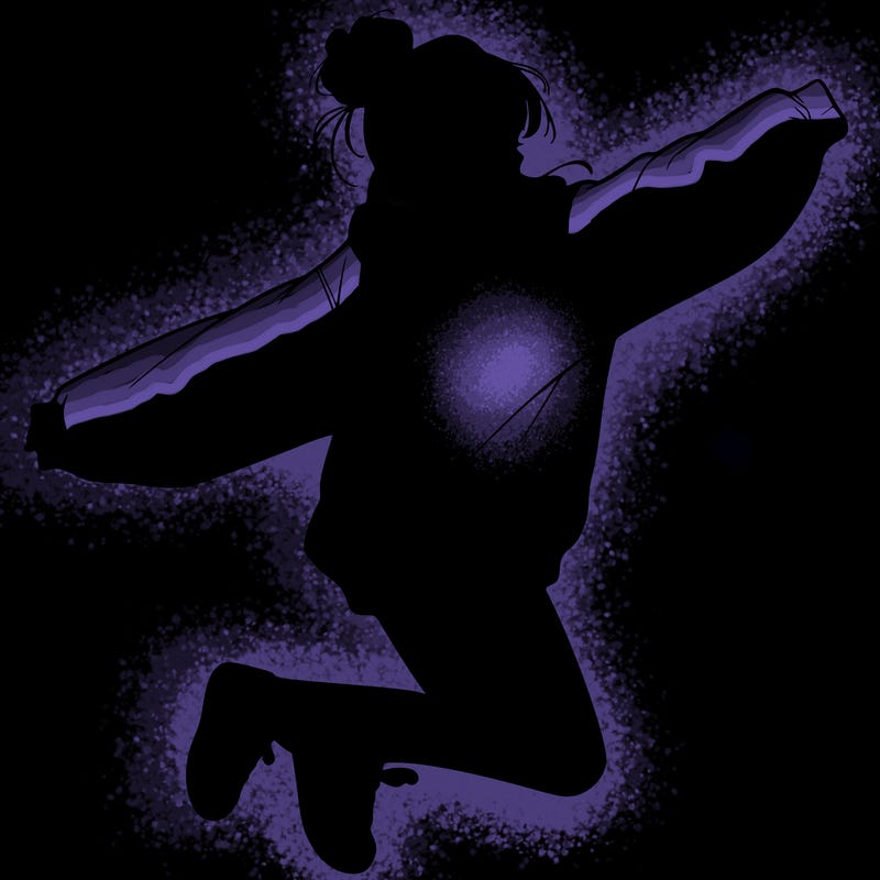 realistic girl jumping with a bun and oversized sweatshirt