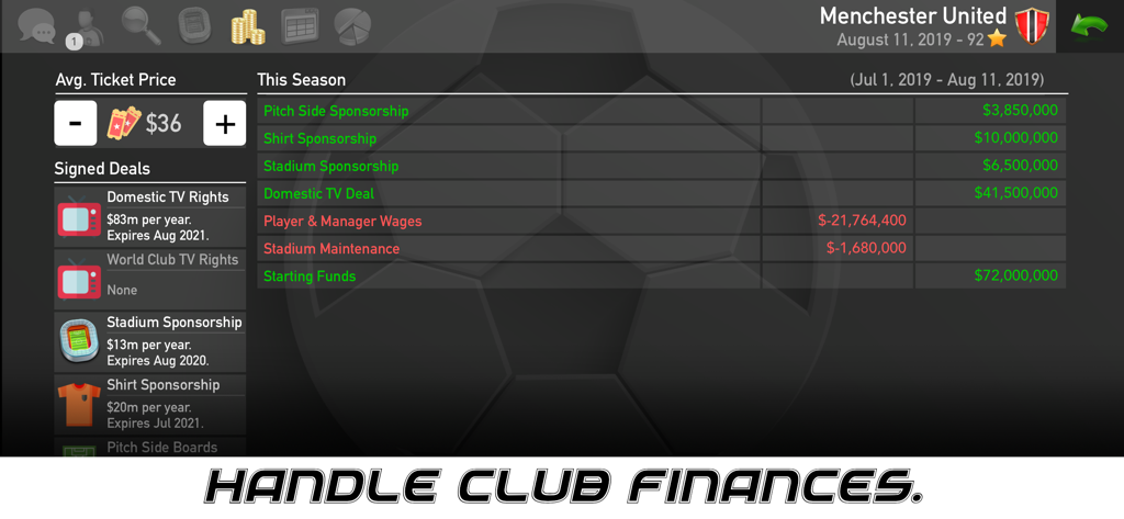 Football Owner 2 game interface showing financial management screen with sponsorships and ticket prices