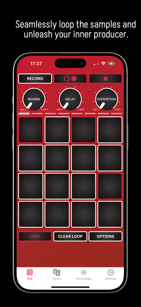 Beat Maker Sampler interface with a red theme showing drum pads and effect controls for reverb and delay.