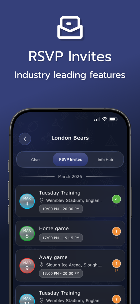 Invitem - Invitem app screen displaying RSVP invites and event schedule for a sports team