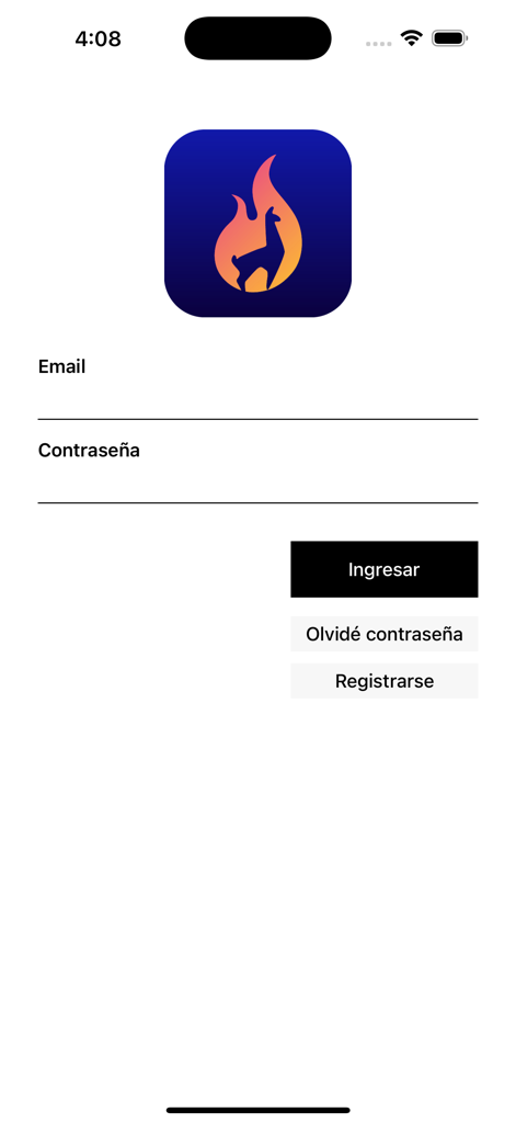 Login screen for Llamafood Admin showing email and password fields in Spanish