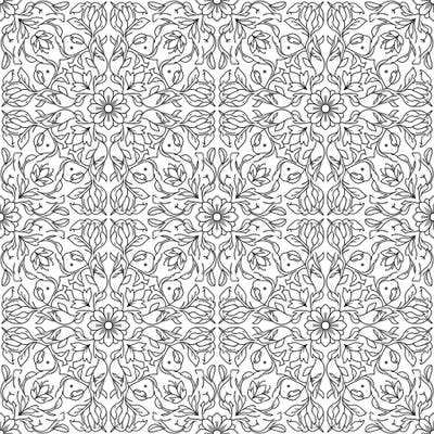 Immerse yourself in the detailed beauty of this symmetrical floral grid pattern coloring page. Featuring an abundance of intricate flowers, leaves, and vines, it offers a deeply relaxing and rewarding creative escape.