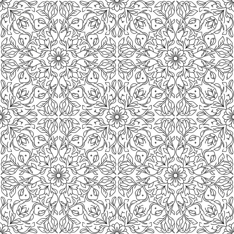 Immerse yourself in the detailed beauty of this symmetrical floral grid pattern coloring page. Featuring an abundance of intricate flowers, leaves, and vines, it offers a deeply relaxing and rewarding creative escape.