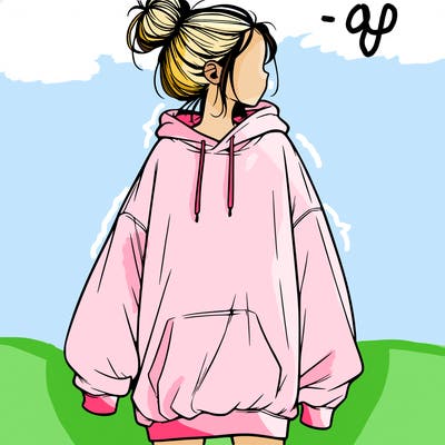 realistic girl with a oversized sweatshirt on and a bun